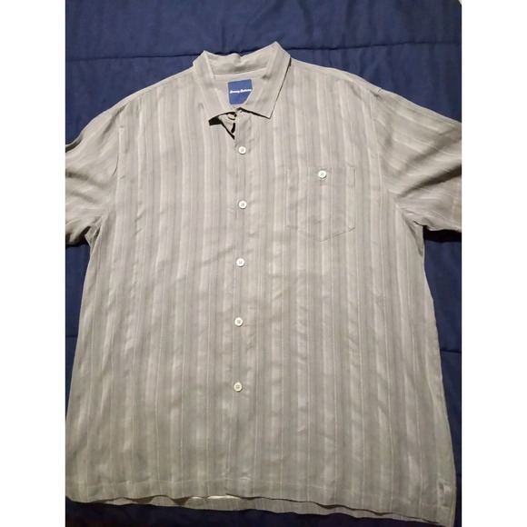 Tommy Bahama Other - Tommy Bahama Shirt Men's XXL 100% Silk Button Up Gray‎ Stripe Short Sleeve